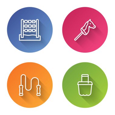 Tic tac toe oyunu, oyuncak at, ip atlama ve kovadaki kum. Renkli daire düğmesi. Vektör