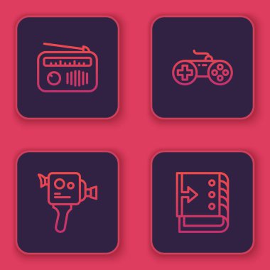Radyo hattını anten, Retro sinema kamerası, Gamepad ve ses karıştırıcı kontrolörüyle ayarla. Mavi kare düğme. Vektör