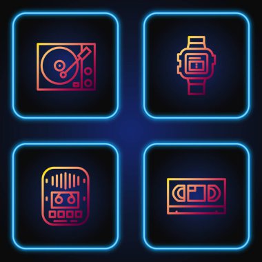 VHS video kaset, kaset çalar, vinil ve bilek saatini ayarla. Renk simgeleri. Vektör