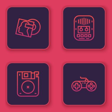 Vinil disk, disket, kaset çalar ve Gamepad 'i ayarla. Mavi kare düğme. Vektör