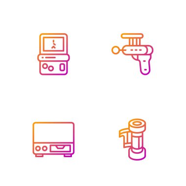 Kamera rulo kartuşu, eski video kasetçalar, Tetris ve Ray silahı. Renk simgeleri. Vektör