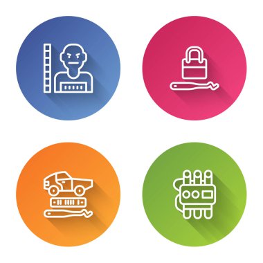 Şüpheli hattı belirle, kilit açma, araba hırsızlığı, dinamit ve zamanlayıcı. Renkli daire düğmesi. Vektör