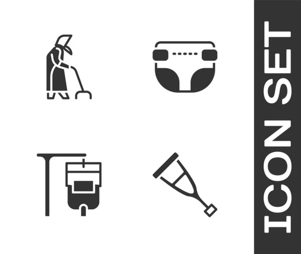 Set Krukken Krukken Grootmoeder Zak Volwassen Luier Pictogram Vector — Stockvector