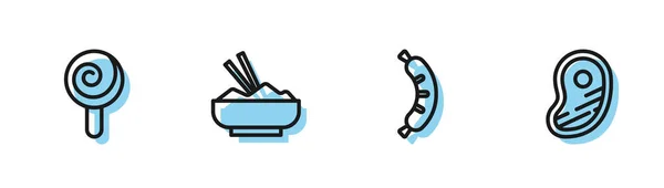 设置热线热狗 棒棒糖 米饭与筷子和牛排肉图标碗 — 图库矢量图片