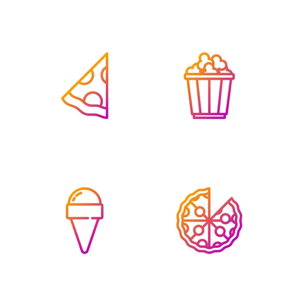 设置线比萨 雪糕在华夫饼锥 披萨片和爆米花盒 明亮的色彩图标 — 图库矢量图片