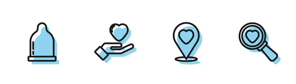 Установите Линию Location Heart Condom Heart Hand Search Love Icon — стоковый вектор