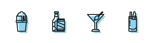 Встановіть Лінію Склянки Martini Келих Пива Пляшку Пива Банку Значок — стоковий вектор