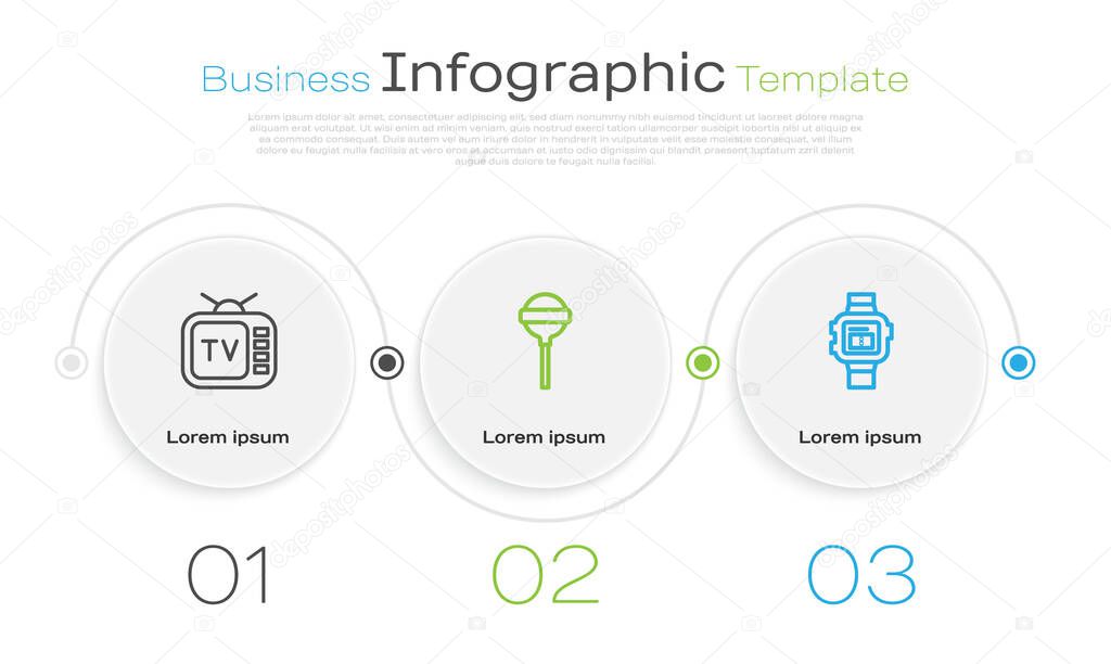 Set line Retro tv, Lollipop and Wrist watch. Business infographic template. Vector