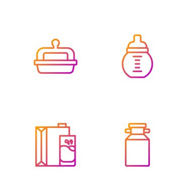 Süt, kağıt paketi, tereyağı tabağı ve bebek şişesi için konserve kutusu. Renk simgeleri. Vektör