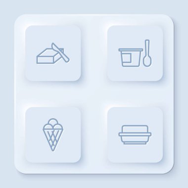 Tereyağında tereyağı, kaşıklı yoğurt kabı, dondurma külahı ve... Beyaz kare düğme. Vektör