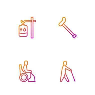 Sıraya dizilmiş kör insan sopası, kadın tekerlekli sandalye, serum ve baston. Renk simgeleri. Vektör