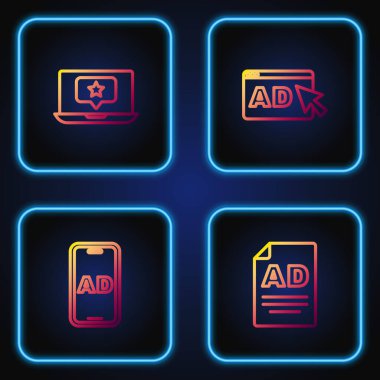 Satır Reklamcılığı, yıldız ve dizüstü bilgisayarı ayarla. Renk simgeleri. Vektör