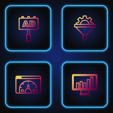 Çizgi monitörünü grafik grafiği, web sitesi istatistiği, reklam ve satış huni donanımı ile ayarla. Renk simgeleri. Vektör