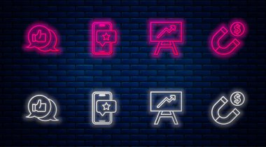 Sınır Mobil 'i değerlendirme derecesi, yönetim kurulu grafik çizelgesi, müşteri ürünü ve mıknatıs parasıyla ayarla. Tuğla duvarda parlayan neon simgesi. Vektör