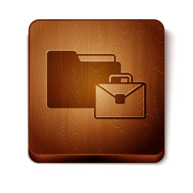 Kahverengi Çevrimiçi çalışma simgesi beyaz arkaplanda izole edildi. Evinde dizüstü bilgisayarla çalışan serbest çalışan bir adam. Uzaktan kumanda. Mesafeli iş kavramı. Tahta kare düğme. Vektör.