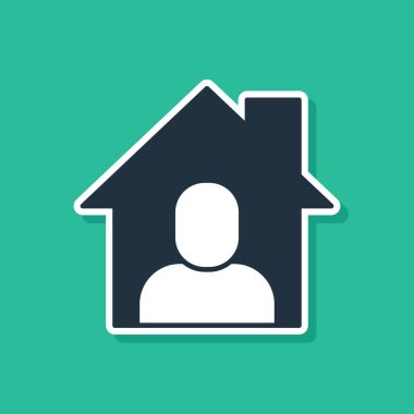 Mavi Çevrimiçi çalışma simgesi yeşil arkaplanda izole edildi. Evinde dizüstü bilgisayarla çalışan serbest çalışan bir adam. Uzaktan kumanda. Mesafeli iş kavramı. Vektör.