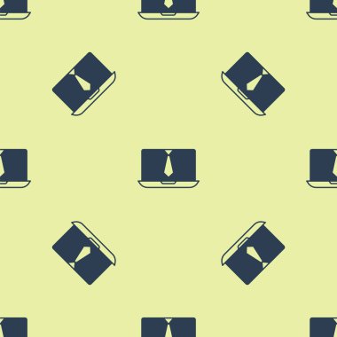 Mavi görüntülü sohbet konferansı ikonu sarı arkaplandaki kusursuz deseni izole etti. Çevrimiçi iş görüşmesi formu. Uzak proje yönetimi. Vektör.