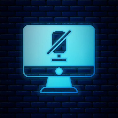 Bilgisayar simgesinde parlayan neon ve dilsiz mikrofon tuğla duvar arkasında izole edildi. Mikrofon sesi kapatıldı. Vektör.