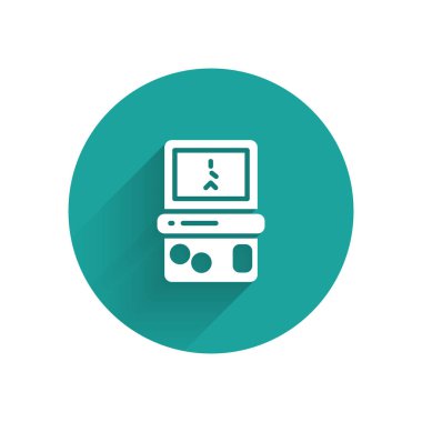 Uzun gölgeli beyaz taşınabilir tetris elektronik oyun ikonu. Klasik bir cep tuğlası oyunu. Etkileşimli oyun aygıtı. Yeşil daire düğmesi. Vektör.