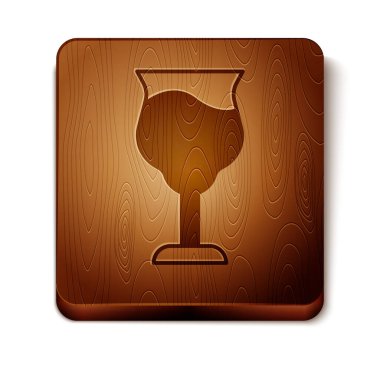 Beyaz arka planda izole edilmiş kahverengi şarap bardağı ikonu. Şarap kadehi işareti. Tahta kare düğme. Vektör.