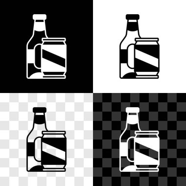 Bira şişesi ve bira kutusu simgesi siyah beyaz, şeffaf arkaplanda izole edilmiş. Vektör.
