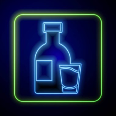 Mavi arka planda izole edilmiş cam ikonlu parlak neon votka şişesi. Vektör.
