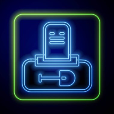 Mavi arka planda izole edilmiş mezar taşı simgesi ile parlayan neon mezarları. Vektör.