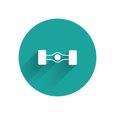 Beyaz Chassis araba simgesi uzun gölgeli izole edilmiş. Yeşil daire düğmesi. Vektör.