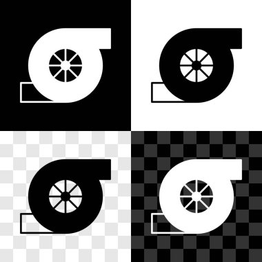 Otomotiv turbo şarj simgesini siyah beyaz, şeffaf arkaplanda izole et. Araç performans turboyu. Turbo kompresör indüksiyonu. Vektör.