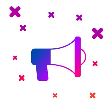 Beyaz arkaplanda izole edilmiş renk megafonu simgesi. Sözcü işareti. Kademeli rastgele dinamik şekiller. Vektör.