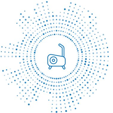 Mavi çizgi sabit bisiklet simgesi beyaz arkaplanda izole edildi. Egzersiz bisikleti. Soyut çember rastgele noktalar. Vektör.