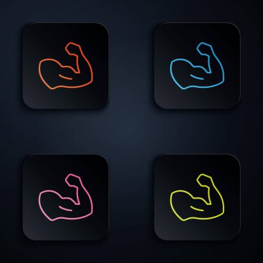 Renkli neon çizgili vücut geliştirici siyah arka planda izole edilmiş kas simgesini gösteriyor. Formda kalmak, güçlü sağlık hobisi kavramı. Kare düğmelere simgeleri yerleştir. Vektör.