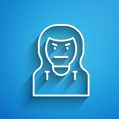 Beyaz çizgi Hırsız maskesi simgesi mavi arkaplanda izole edildi. Haydut maskesi, suçlu adam. Uzun gölge. Vektör.