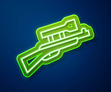 Mavi arka planda izole edilmiş dürbünlü parlak neon hattı keskin nişancı tüfeği. Vektör.