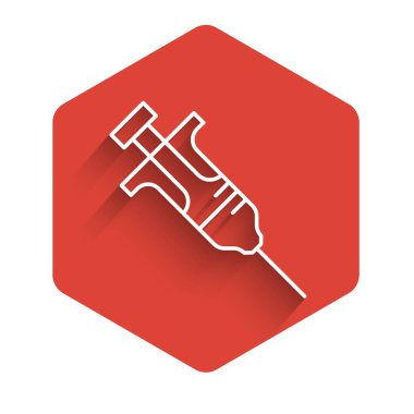Beyaz çizgi şırınga ikonu uzun gölgeli izole edildi. Aşı için şırınga, aşı, iğne, grip aşısı. Tıbbi ekipman. Kırmızı altıgen düğmesi. Vektör.