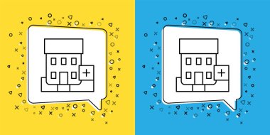 Sarı ve mavi arka planda çapraz ikon izole edilmiş tıbbi hastane binası. Tıp merkezi. Sağlık hizmetleri. Vektör.