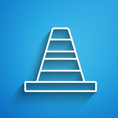 Mavi arka planda beyaz çizgi trafik konisi simgesi izole edildi. Uzun gölge. Vektör.