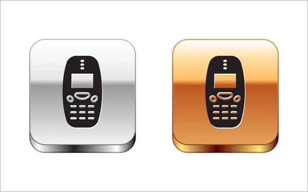 黒の古いヴィンテージキーパッド携帯電話のアイコンは 白の背景に隔離された レトロな携帯電話装置 ヴィンテージ90携帯電話 シルバーとゴールドの四角形のボタン ベクトル — ストックベクタ