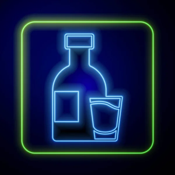 Leuchtende Neonfarbene Wodkaflasche Mit Glassymbol Auf Blauem Hintergrund Vektor — Stockvektor