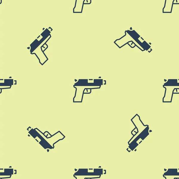蓝色手枪或枪炮图标在黄色背景上隔离无缝图案 警察或军队的手枪 小火器 — 图库矢量图片