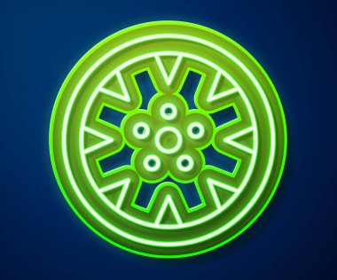 Mavi arka planda izole edilmiş bir araba simgesi için parlayan neon hat alloy tekerleği. Vektör.