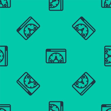 Mavi çizgi Web Analiz ve Geliştirme web sitesi istatistik simgesi yeşil arkaplandaki kusursuz deseni izole etti. Analiz, yönetim, pazarlama, araştırma. Vektör.