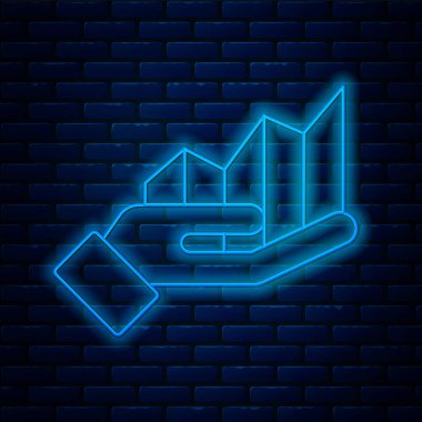 Parlayan neon hattı pasta grafiği bilgi simgesi tuğla duvar arka planında izole edildi. Diyagram çizelgesi. Vektör.