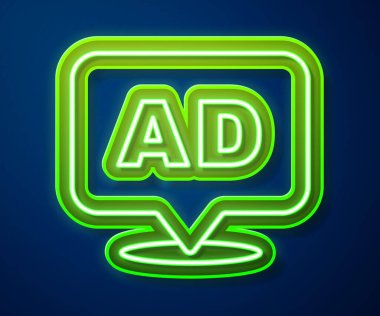 Parlayan neon hattı reklam simgesi mavi arkaplanda izole edildi. Pazarlama ve tanıtım süreci kavramı. İlgili reklamlar. Sosyal medya reklamcılığı. Vektör.