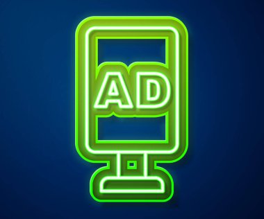 Parlayan neon hattı reklam simgesi mavi arkaplanda izole edildi. Pazarlama ve tanıtım süreci kavramı. İlgili reklamlar. Sosyal medya reklamcılığı. Vektör.