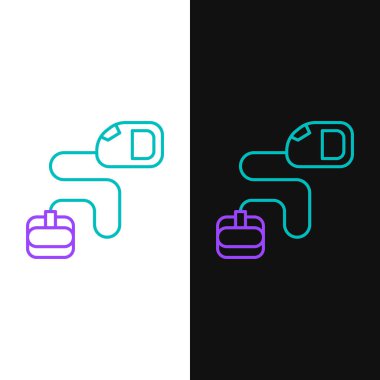 Beyaz ve siyah arkaplanda izole edilmiş karabina ikonu ile geri çekilebilir halat tasması. Evcil köpek liderliği. Açık hava yürüyüşü için hayvan aksesuarı. Renkli taslak konsepti. Vektör.