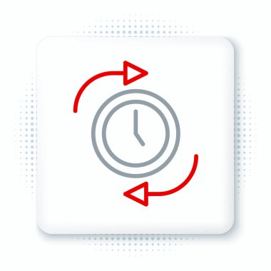 Beyaz arkaplanda ok simgesi olan çizgi saati izole edildi. Zaman sembolü. Saat yönünde döndürme simgesi ok ve zaman. Renkli taslak konsepti. Vektör.