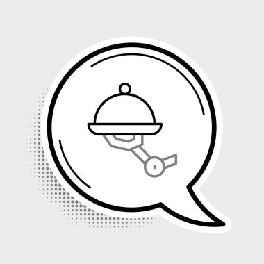 Gri arka planda plaka simgesi olan çizgi garsonu robotu izole edildi. Yapay zeka, makine öğrenme, bulut hesaplama. Renkli taslak konsepti. Vektör.