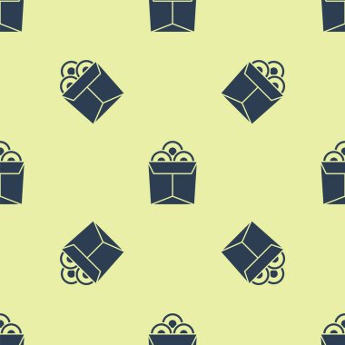 Karton kutuda mavi Asya erişteleri ve yemek çubukları ikonu sarı arka planda izole edilmiş pürüzsüz desen. Sokak yemeği. Kore, Japon, Çin yemekleri. Vektör.