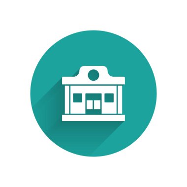 Beyaz Vahşi Batı salonu ikonu uzun gölgeli. Eski batı binası. Yeşil daire düğmesi. Vektör.